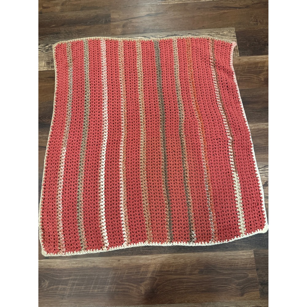 Handmade Crochet Afghan Blanket Striped Terracotta Red Cream Brown Throw